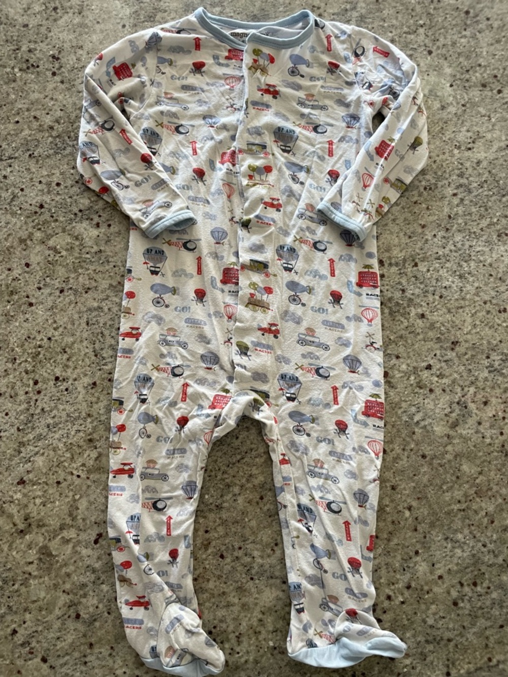 Magnetic Me Baby Footed One-Piece - Light Blue Travel Transportation Print